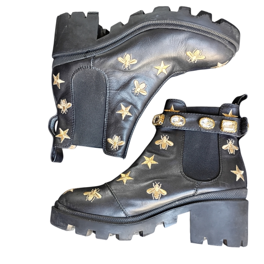 Gucci Stars and Bee Embroidered Leather Ankle Boots -Black Size 7.5 - 8 US - Picture 2 of 12